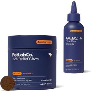 PetLab Co. Ear & Coat Support Bundle: Support Ear Health & Hygiene with Our Dog Ear Cleaner 4 Ounces & Itch Relief Chews Designed to Support Optimum Skin Condition & Maintain Skin Health 30 Count