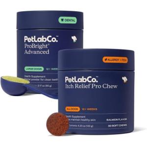 PetLab Co. – Itch & Breath Bundle: Dental Powder for Fresh Breath in just 1 Scoop, for Large Dogs & Salmon Itch Relief Chew Pro Effortless Seasonal Allergy Support