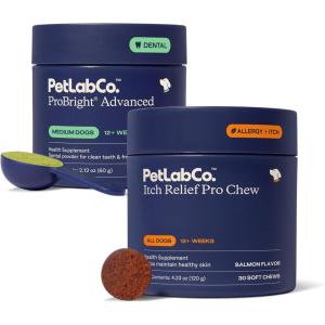 PetLab Co. – Itch & Breath Bundle: Dental Powder for Fresh Breath in just 1 Scoop. for Medium Dogs & Salmon Itch Relief Chew Pro Effortless Seasonal Allergy Support