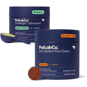 PetLab Co. – Itch & Breath Bundle: Dental Powder for Fresh Breath in just 1 Scoop. for Small Dogs & Salmon Itch Relief Chew Pro Effortless Seasonal Allergy Support