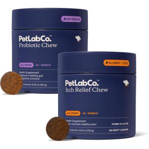 PetLab Co. Dog Itchy Skin Bundle: Soft Chew Dog Probiotics for Gut Health, Itchy Skin, Seasonal Allergies 30 Count & Itch Relief Chews for Dry, Itchy Skin & Coats