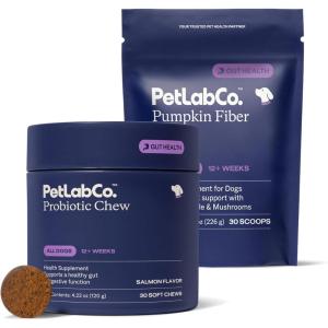 PetLab Co. – Gut & Digest Daily Duo: Pumpkin Powder Blend for Easy Digestion & Firm Stools for Small/Medium/Large Dogs & Salmon‑Flavoured Probiotic Chews to Support Gut & Immune Balance – Easy to Use